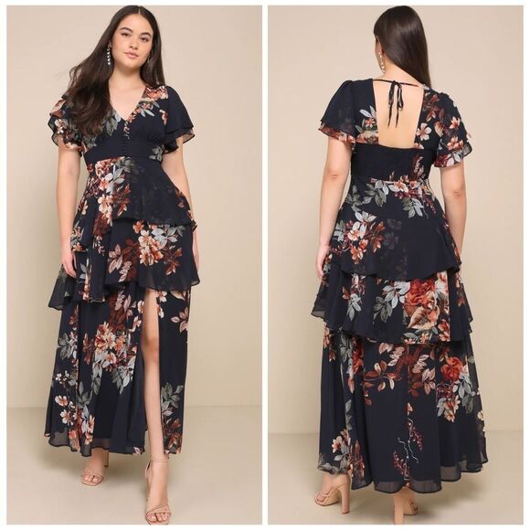 Lulus Midnight Mood Navy Blue Floral Print Tiered Maxi Dress Size Small NEW - Picture 4 of 13